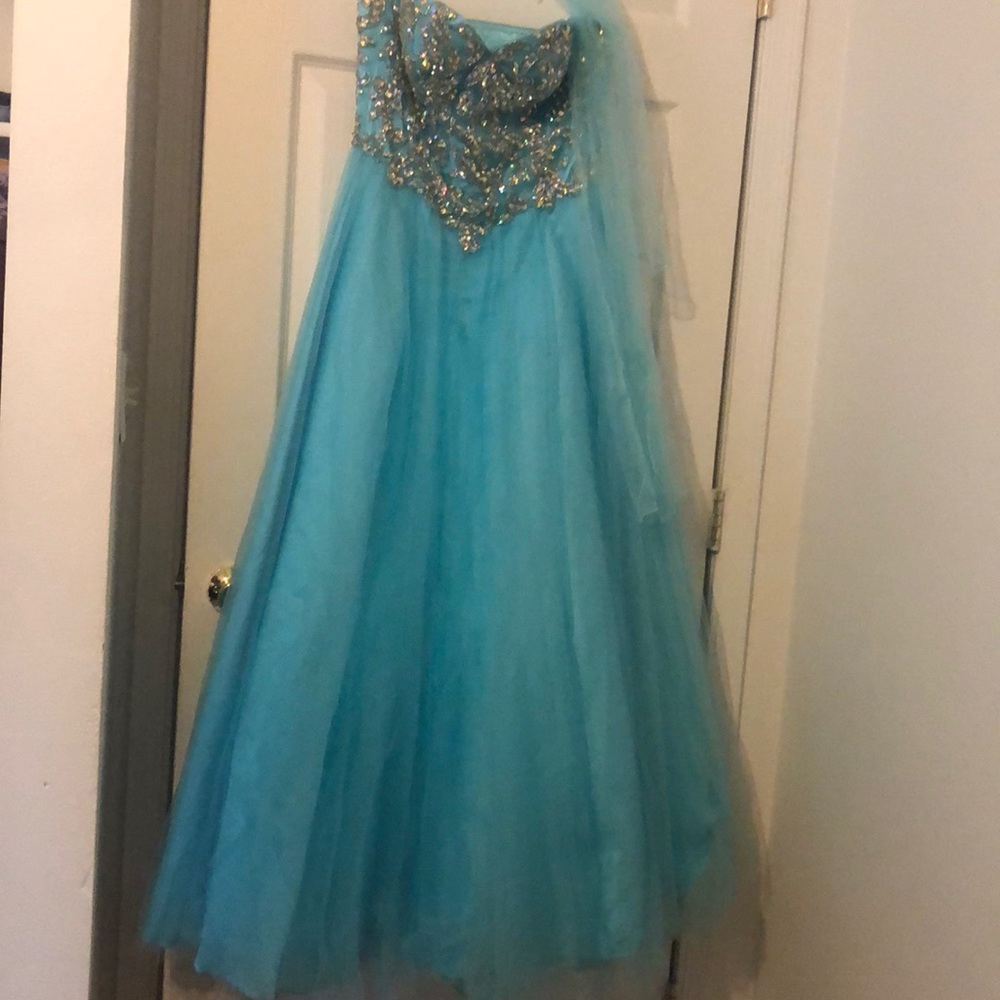 Jovani aqua strapless ball gown dress
